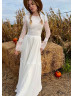 Long Sleeves Ivory French Lace Chiffon Boho Beach Wedding Dress